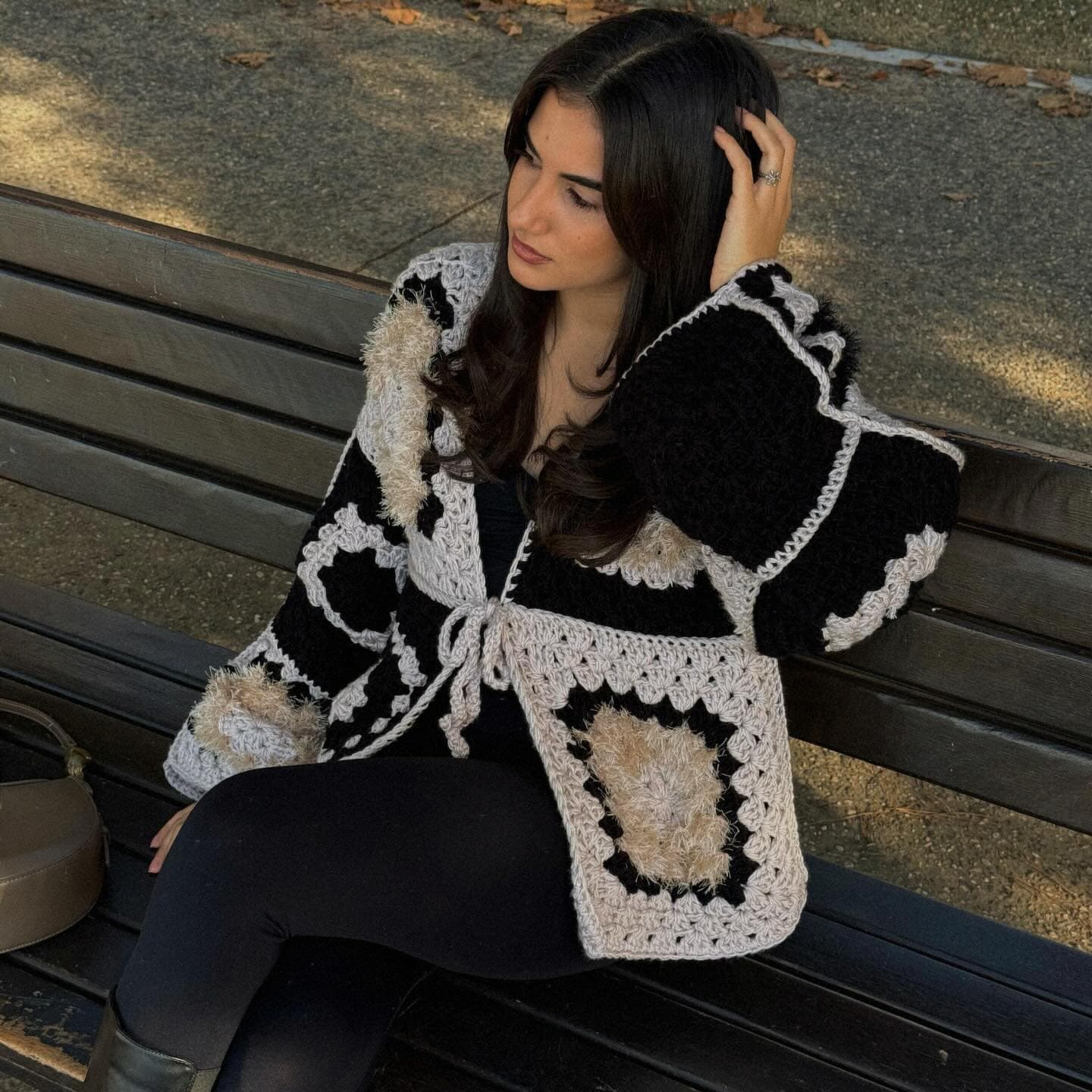 VELONA black and ivory granny-square crochet jacket